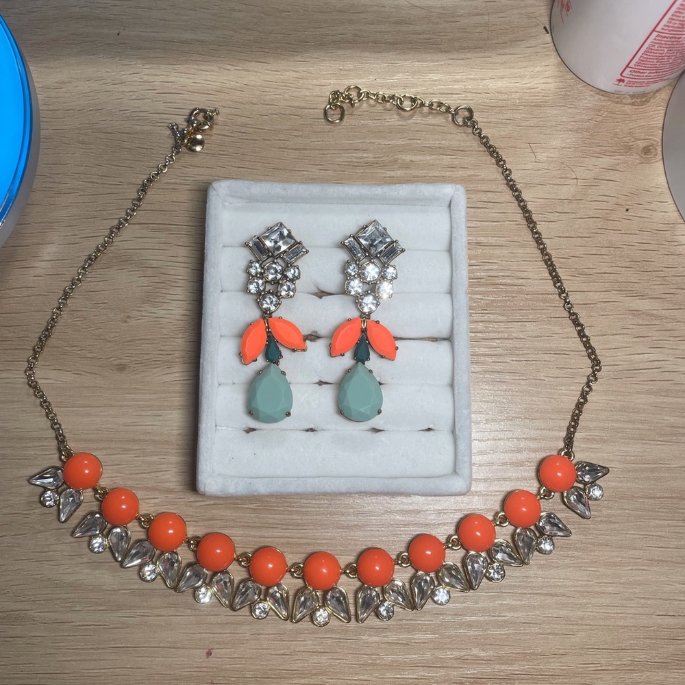 J. Crew Set : Coral & teal necklace and earrings